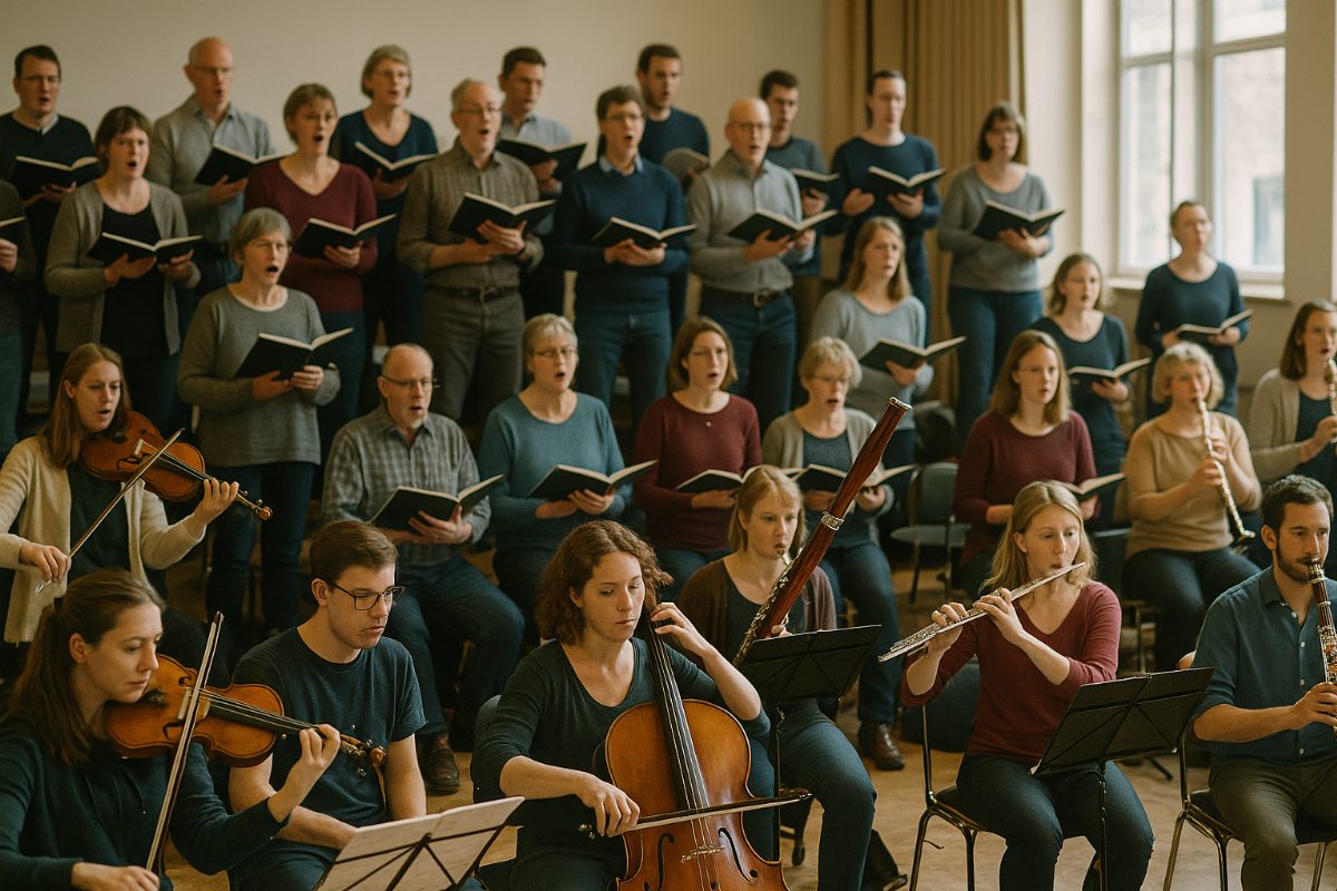 Kör och orkester som övar tillsammans i en repetitionssal